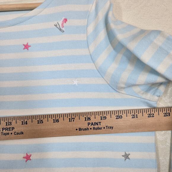 Talbots Authentic Embroidered T Shirt sz X Blue Ivory Striped Ice Skates Stars - Picture 9 of 12